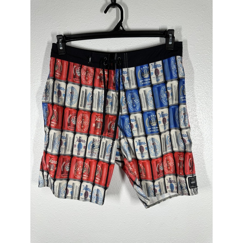 Vans‎ Board Shorts Mens 30 Red White Blue Beer Can Print Swim Trunks Surf Beach